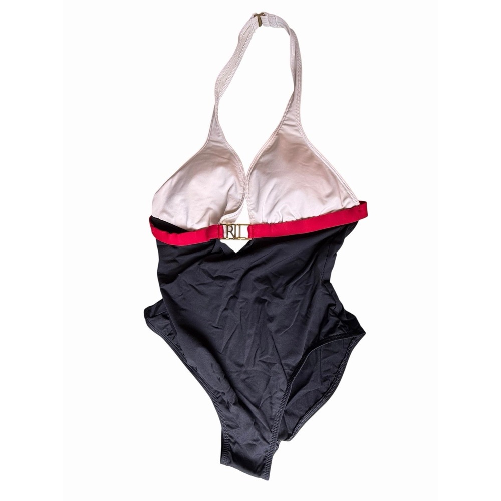 Vtg Ralph Lauren One-Piece Swimsuit Women 10 Black White Red Halter Gold RL Logo